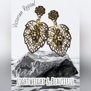 Victorian Revival Cupid Dangle Earrings – Gold Tone Romantic Filigree